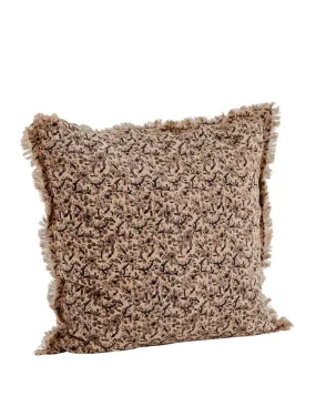 Beige, Brown, Black Floral Cotton Print Fringed Cushion