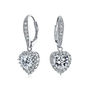 4CT AAA CZ Bridal Halo Heart Shape Dangle Lever back Earrings