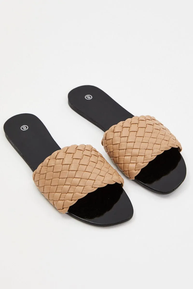 Beige Woven Flat Slides