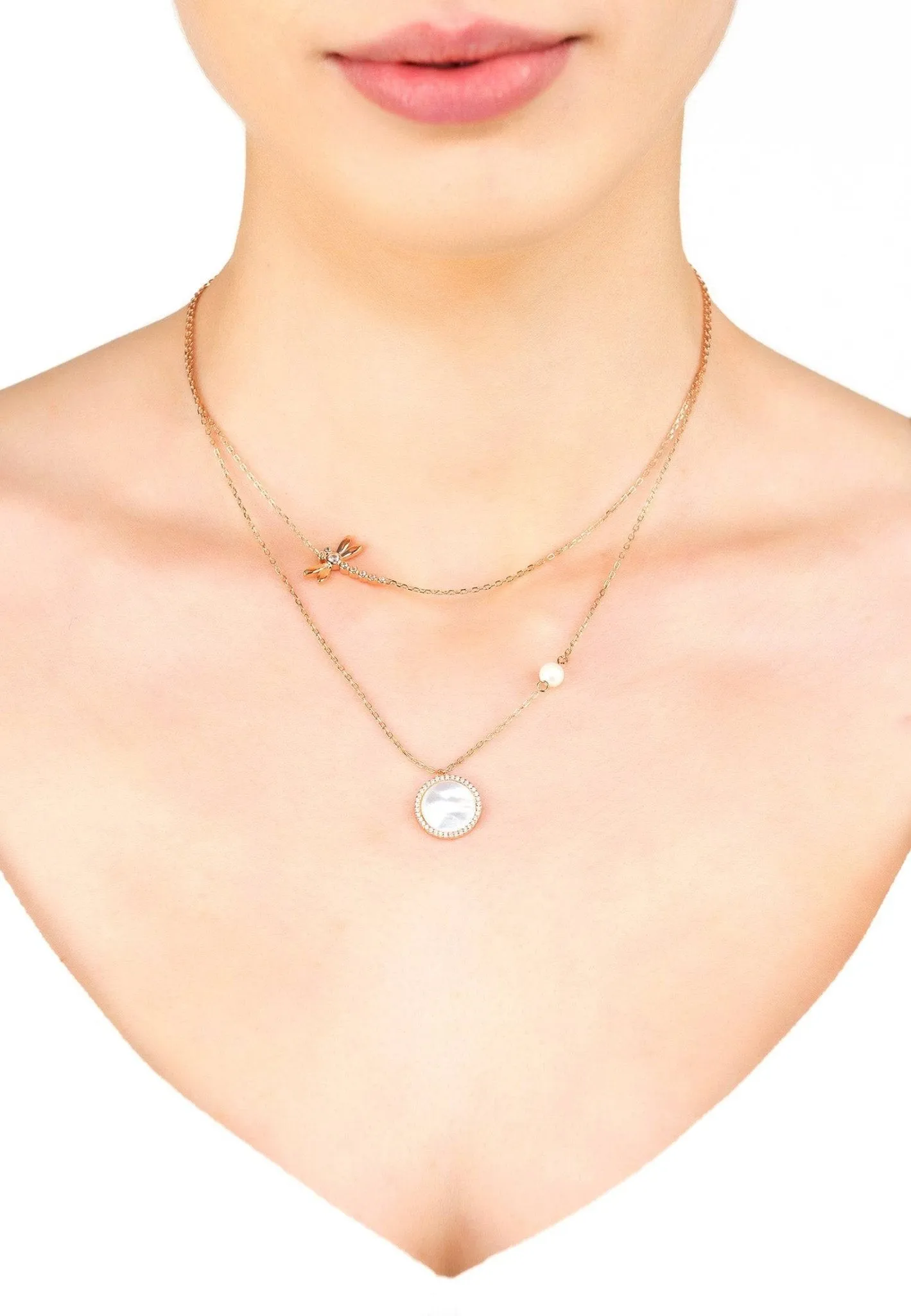 Dragon Fly Mother Of Pearl Layered Necklace Rosegold