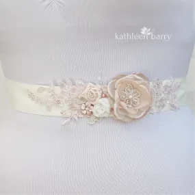 Sophia Wedding dress sash belt - floral with lace - Blush pink - soft pink