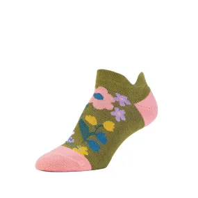 Spring Flowers- Cushioned Organic Cotton No Show Heel Tab - Moss