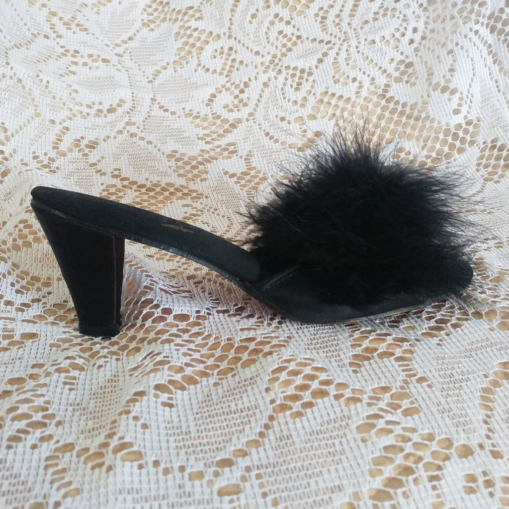 *VINTAGE FLIRTO BLACK SATIN MARABOU PEEP TOE BEDROOM SLIPPERS / MULES